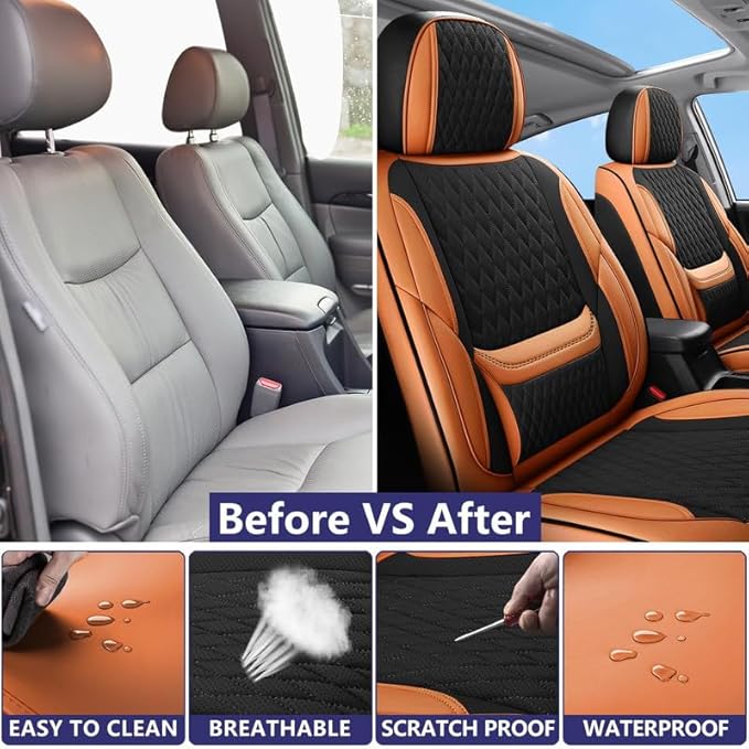 Car Seat Covers Full Set Custom Fit for Pontiac Vibe 2003-2010 - Premium Faux Leather with Lumbar Support | Breathable, Waterproof, Anti-Slip, Durable (Black&Brown,Full Set)