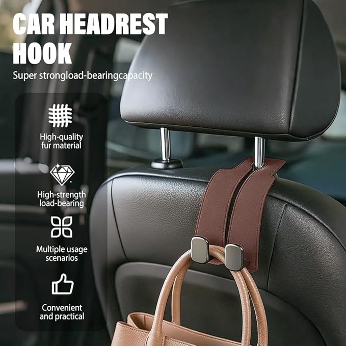 Car Seat Back Storage Hook, 2026 New Two Hook Fur Leather Seat Back Headrest Hanger Genuine Leather Double Metal Hook for Backseat Organizer, Car Organization Accessories (2, Black)
