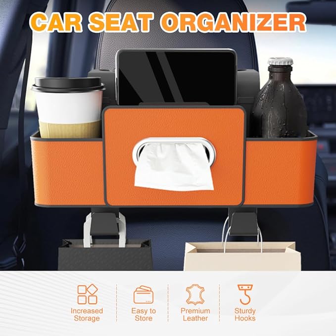3-in-1 Car Backseat Organizer with Cup Holder, Tissue Box, Trash Bin & Hooks, 2026 Multifunctional Back Seat Car Organizer for Phones, Snacks, Drinks, and Handbags (black)