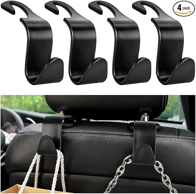 4PCS Car Seat Headrest Hook, Auto Back Seat Hanging Storage Organizer, Vehicle Seatback Hanger Holder for Purse Handbag Coat Umbrella, Universal Interior Car Accessories (Black)