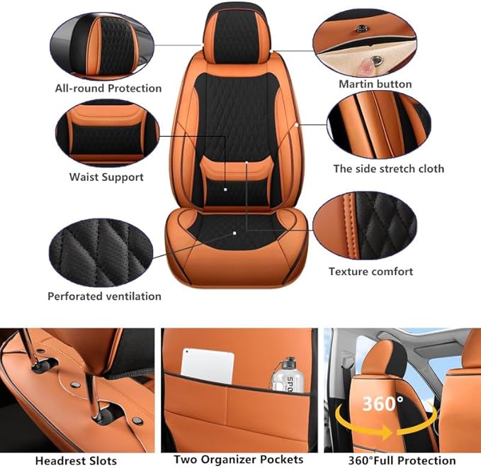 Car Seat Covers Full Set Custom Fit for Pontiac Vibe 2003-2010 - Premium Faux Leather with Lumbar Support | Breathable, Waterproof, Anti-Slip, Durable (Black&Brown,Full Set)