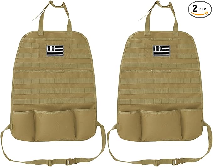Tactical Molle Car Seat Back Organizer, Vehicle Panel Car Seat Back Cover Protector with 5 Storage Pouch, Universal Backseat Storage Organizer with USA Flag Patch for Car SUV (Khaki-2 Pcs)