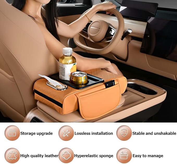 Car Armrest Cushion for SUV with Cup Holder 2.75"Height ,5-in-1 Center Console Cover with 2 Storage Bags , Tissue Box Slot, Phone Slot for Sedans, Car Accessories Interior Organizers (Black Red)
