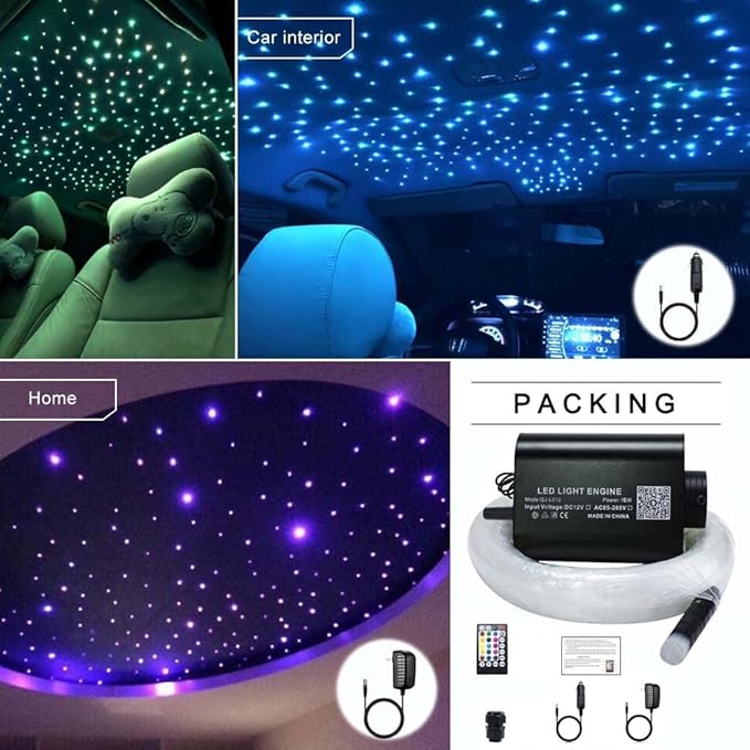 AZIMOM 16W Sound Activate Starlight Headliner Kit 300pcs 0.03in 6.5ft, Fiber Optic Starlight Light Music Mode Remote APP Control Car Use Home Star Ceiling Headliner Lighting Decoration