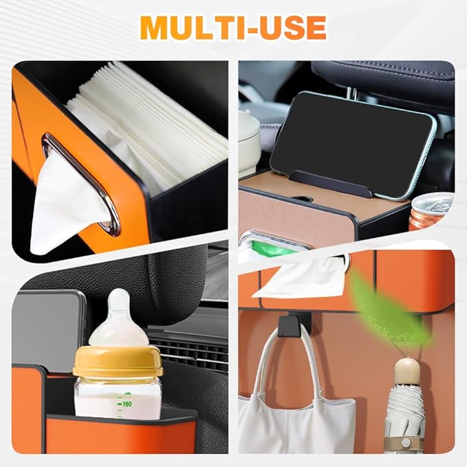 3-in-1 Car Backseat Organizer with Cup Holder, Tissue Box, Trash Bin & Hooks,Multifunctional Back Seat Car Organizer for Hold Phones,Snacks,Drinks,and Handbags (Orange)