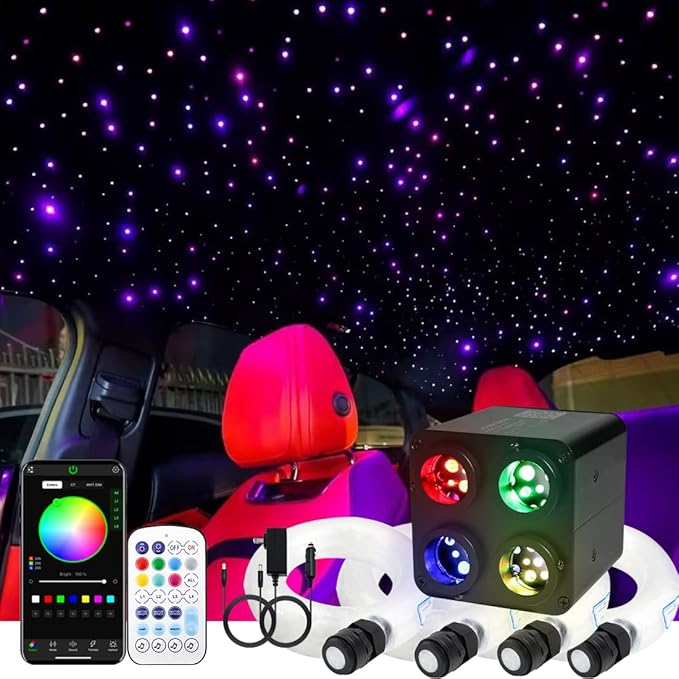 AZIMOM 4Port 36W Twinkle 1600pcs 0.03in 13.1ft Fiber Optic Starlight Headliner Kits 4Colors Light Source Sound Activated Remote APP Control Home Indoor Ceiling Car Headliner Decoration