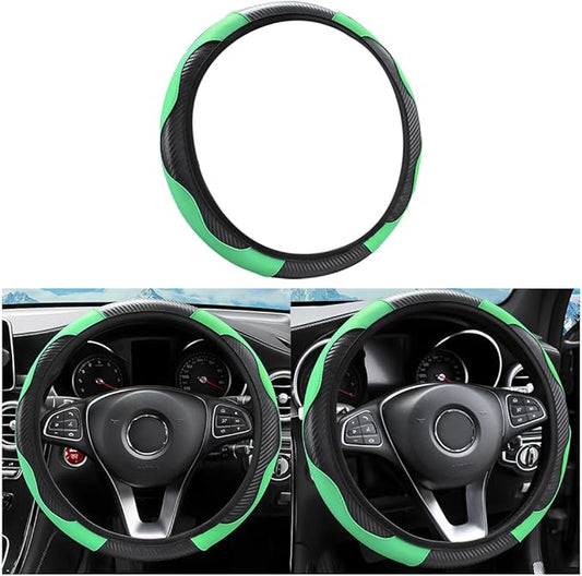 LoyaForba Car Steering Wheel Cover, Microfiber PU Leather Elastic Carbon Fiber Auto Steering Wheel Protector, Universal 15 Inch Breathable Anti-Slip, Car Interior Accessories for Most Cars (Green)
