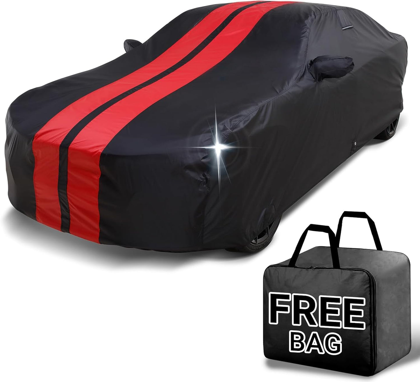 iCarCover Custom Car Cover for Chevy Malibu (1997-2025) Waterproof All Weather Rain Snow UV Sun Protector Full Exterior Indoor Outdoor Car Cover (Stripe - Black/Red)