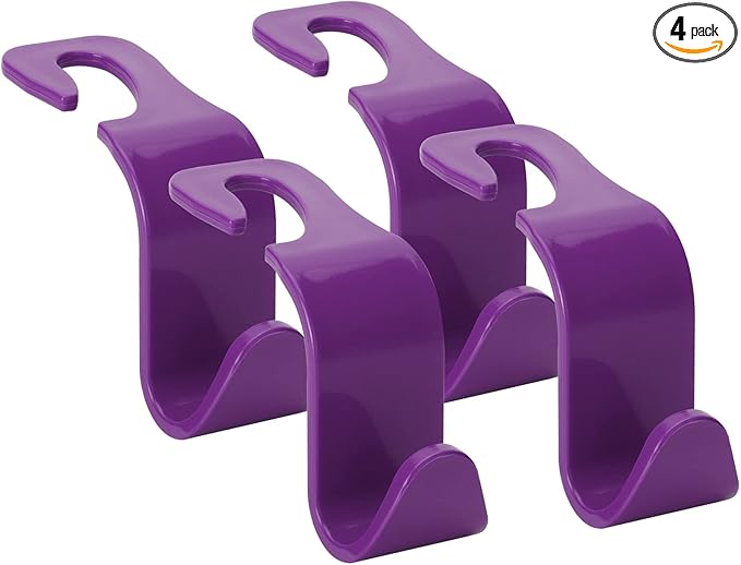 Soleebee 4 Pack Car Headrest Hooks - Universal Auto Hooks, Back Seat Hangers, Storage Organizer (Purple)