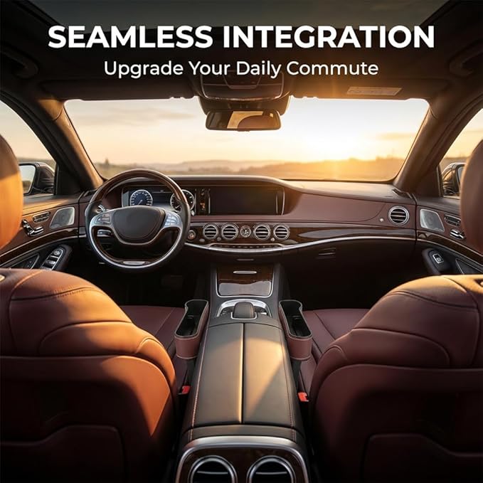 Car Seat Gap Filler Organizer, 2026 New Premium Leather Console Organizer for Holding Phone, Sunglasses, Auto Console Side Storage Box with Cup Holders 2 Seat Hooks for Drink (Brown, Passenger Seat)