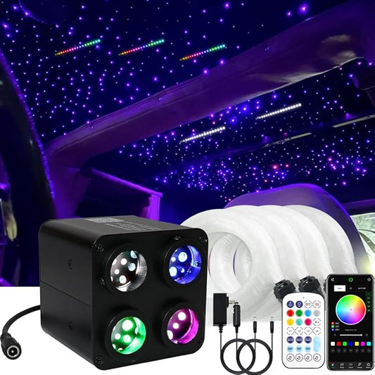 AMKI Updated 4Color Meteor Twinkle 36w Starlight Headliner Kits 2000pcs 0.03in 13.1ft, 240pcs RGB Meteor Shooting Star Cable, 2 in 1 Fiber Optic Light Box RGBW Sound Activated Mode for Car& Home Decor