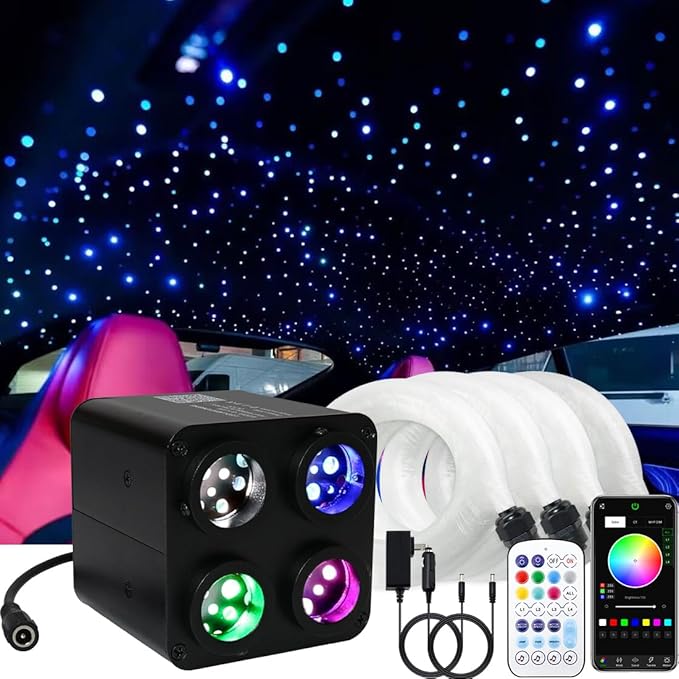 AMKI Updated 4Color Twinkle 36w Starlight Headliner Kits 2000pcs 0.03in 13.1ft Fiber Optic Light Cable 4 Ports Starlight Box App/Remote Control Sound Mode for Car Home Ceiling Decoration