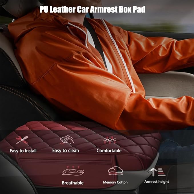 Universal Memory Cotton Car Armrest Box Pad, 2026 New Leather Car Armrest Box Pad with 2 Storage Bags, Auto Armrest Seat Box Cover, Center Console Cover Cushion for SUV, Car, Truck (Brown)