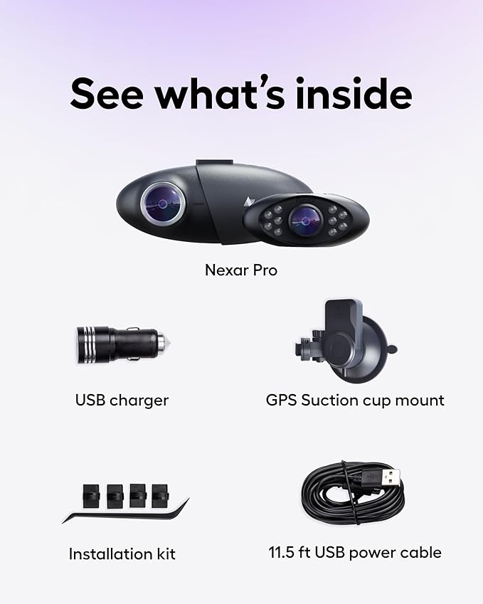 Nexar Pro Dual Dash Cam 1080p FHD Front and Interior Cameras AI Crash Detection 24H Parking Mode Night Vision and Unlimited Cloud Backup Includes 32GB SD Card and 1-Year Nexar App Subscription