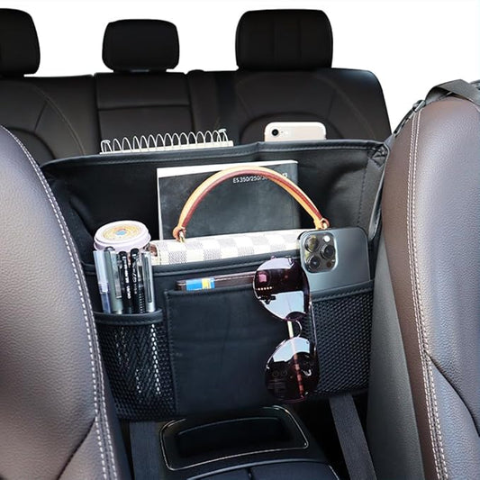 Black Car Handbag Holder Between Seats Suede Car Storage Bag Large Capacity 7 Compartment Purse Phone Ipad Automotive Consoles Organizer Safe Barrier of Pet Kids…