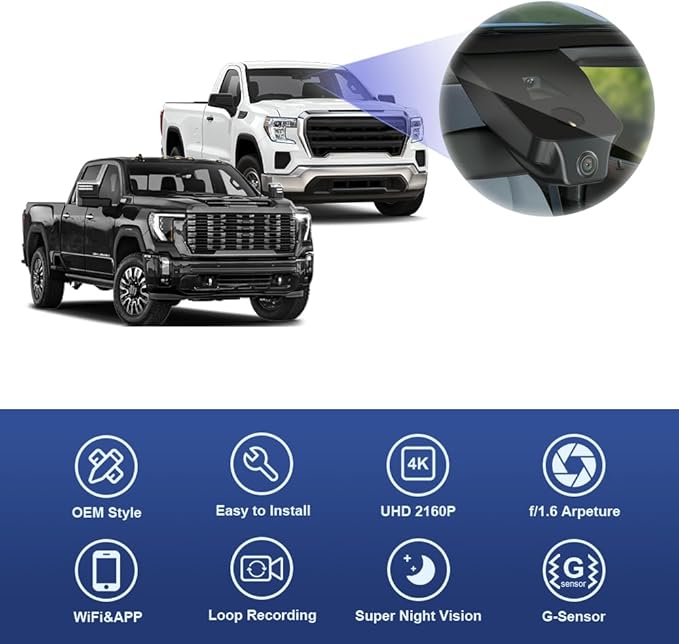 Fitcamx 4K Dash Cam Suitable for GMC Sierra 1500 2500HD 3500HD (HD2-6272, Count The Vents) 2020-2026, OEM Look, UHD 2160P Video, WiFi & APP, Loop Recording, G-Sensor, Plug & Play, 2 Cables/64GB Card