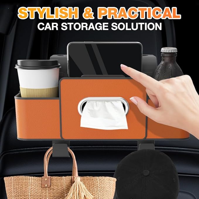 Back Seat Car Organizer,3 in 1 Car Backseat Storage Box with Cup Holder,Tissue Box,Trash Bin&Hooks,Multifunctional Waterproof Storage for Hold Phones Snacks Drinks Handbags (2, White)