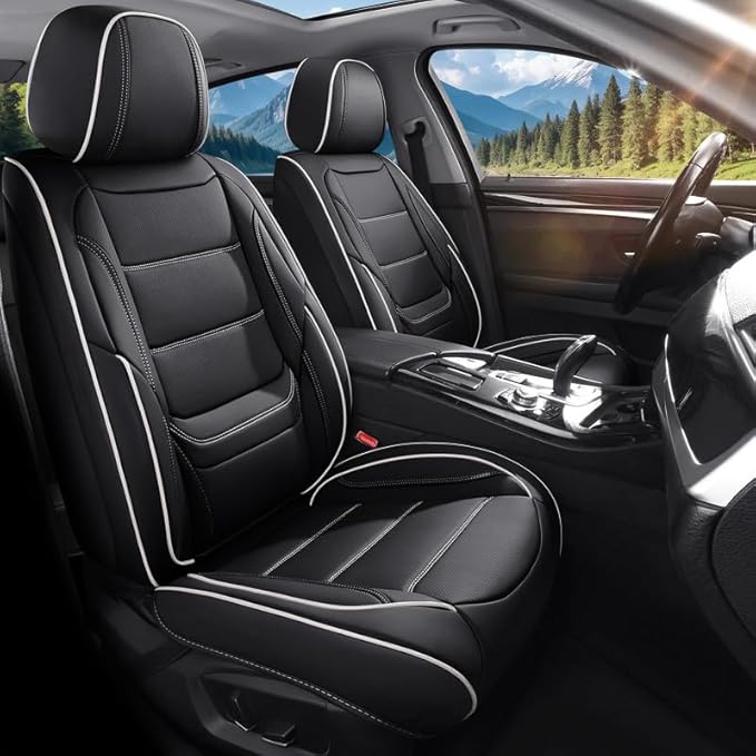 Car Seat Covers Full Set Custom Fit for Mercury Mountaineer 1997-2010-Luxury Leather with Lumbar Support, Breathable, Waterproof, Anti-Slip, Durable, Easy to Install (Black&White,Full Set)