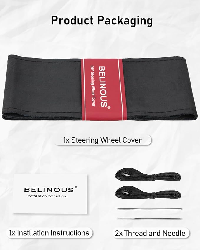 Belinous Suede Leather Steering Wheel Cover, DIY Stitch-On Steering Wheel Wrap with Needle & Thread, Non-Slip & Sweat-Absorbing, Universal Fit for 13.75-16 Inch (Size M4, Black)