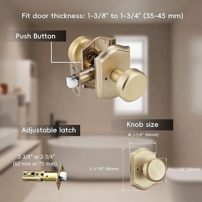 6 Pack Pismo Doorknobs for Bath & Bedroom, Gold Interior Door Knobs with Camelot Trim, Satin Brass Door Knob with Lock