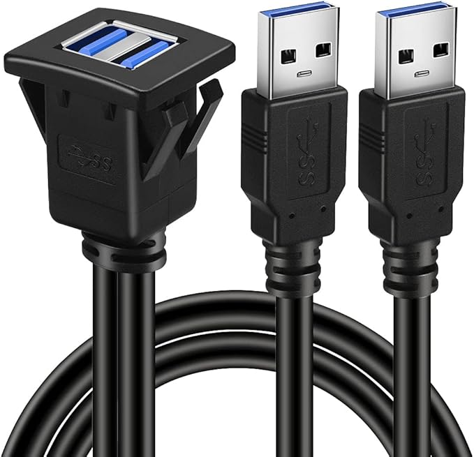 BATIGE Dual Ports Square USB 3.0 Panel Flush Mount Extension Cable with Buckle for Car Truck Boat Motorcycle Dashboard-3ft
