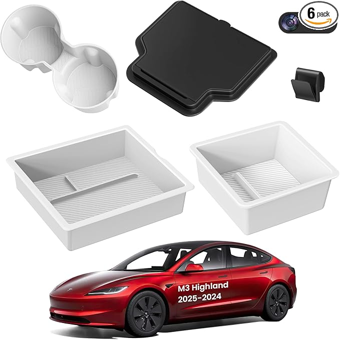 BANKKY 6PCS Center Console Organizer for (2024-2026) Tesla New Model 3 Highland Accessories with Center Console Storage, Armrest Tray, Hidden Box, Cup Holder, Camera Privacy Cover, Glove Box Hook