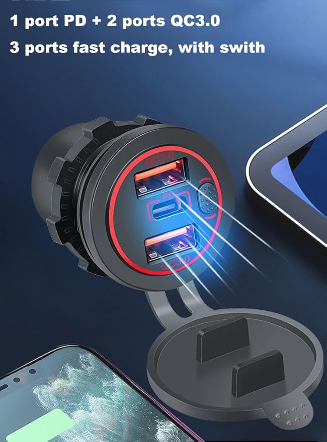 3 Ports 18W USB Car Charger with Switch, 12-24V Dual QC 3.0 USB & PD USB C Cigarette Lighter Socket Outlet, Dashboard Mount Quick Charge Charger for Car Motorcycle Truck Marine Boat ,Blue Light