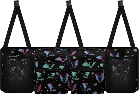 Halloween Colorful Bats Car Trunk Organizer with 4 Pockets Hanging Car Backseat Storage Bag Multipurpose Car Interior Accessories for SUV Pickup Truck Van