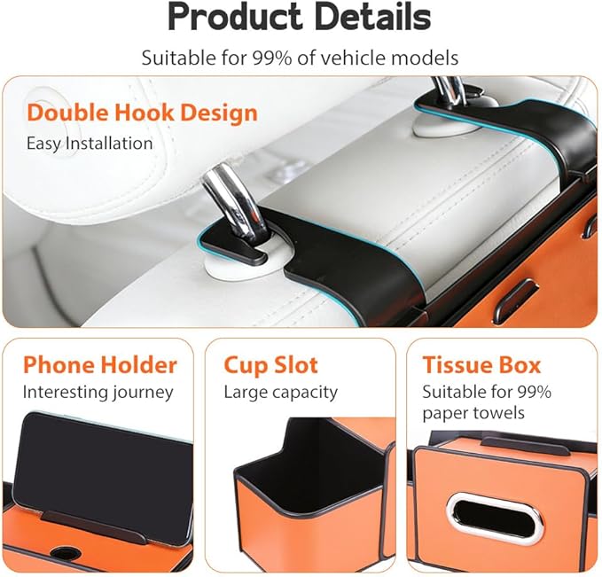 Multifunctional Car Seat Back Storage Box, 3-in-1 Backseat Car Organizer with Dual Cup Holders, Hold Phones, Snacks, Drinks, and Handbags (Brown)