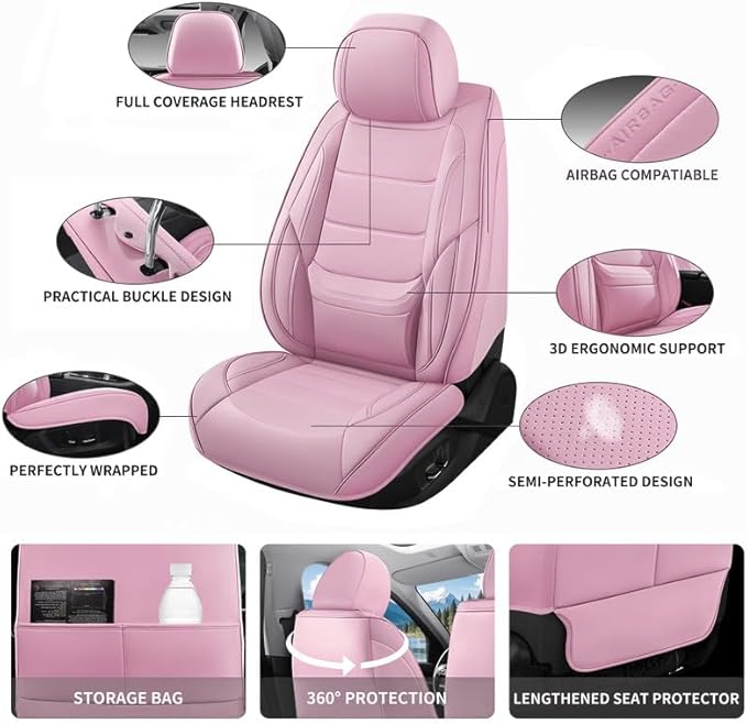 Car Seat Covers Full Set Custom Fit for Ford Fiesta 2011-2019 - Premium Leather with Lumbar Support, Breathable, Anti-Slip & Excellent Seating Experience (Pink, Full Set)
