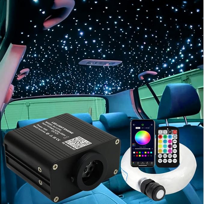 AZIMOM 16W Twinkle & Sound Activate 650pcs*0.03in*13.1ft Fiber Optic Starlight Headliner Kits for Car Home Star Ceiling Sky Decoration, APP& Remote Control Light Engine End Glow Fiber