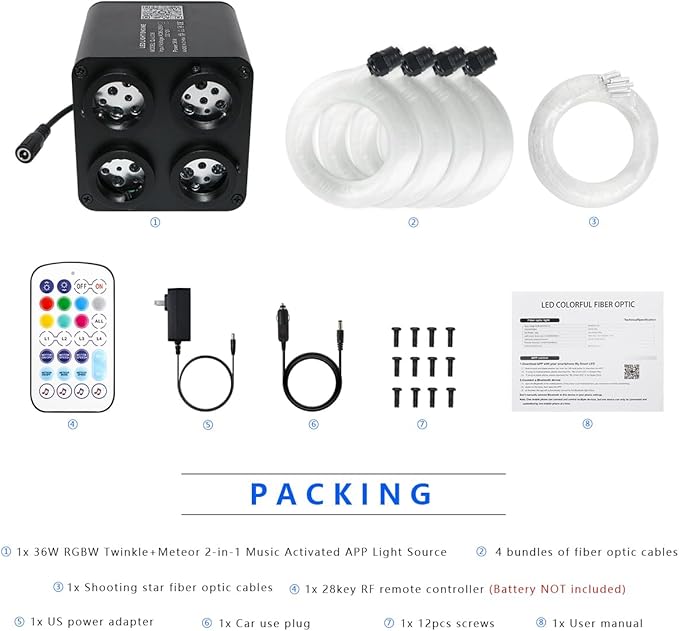 AKEPO 36W 4 Color Twinkle Fiber Optic Starlights Headliner Lights Kit, Optical Fibers Music Sync Bluetooth APP Control Starlight Kit, 1200pcs*13.1ft +240pcs Colorful Shooting Star