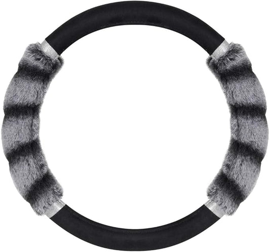 BDK Bear Fur Plush Steering Wheel Cover - Cute Faux Wool Protector for Women Girls Fits Wheels 14.5-15 inch Bear Fur - Black/Gray with Glitter