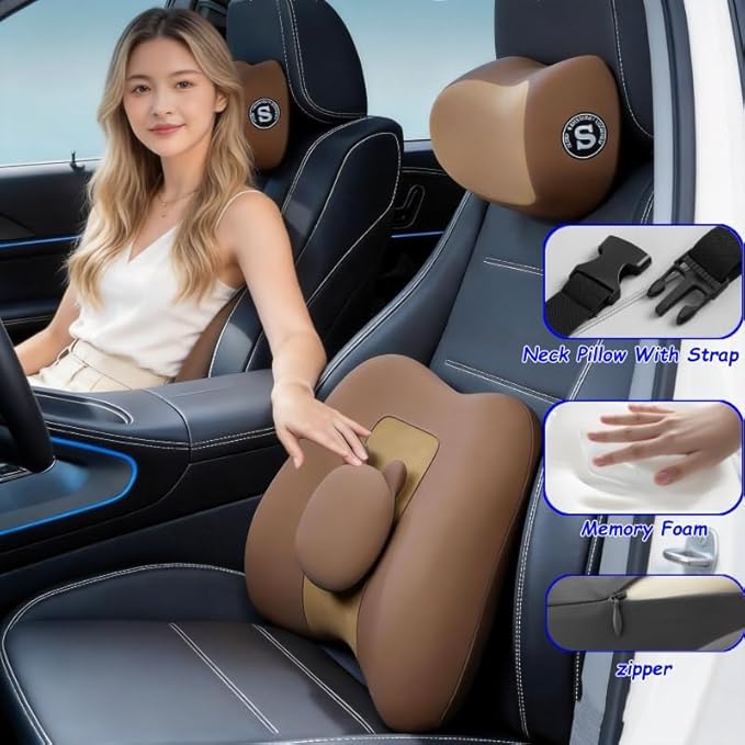 Car Lumbar Support and Neck Pillow for Driving Seat, Memory Foam Car Back Support Pillow & Headrest for Improve Posture, Driver Back Neck Sciatica Pain Relief Cushion (White Pink)