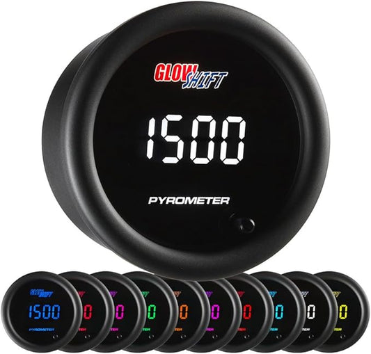GlowShift 10 Color Digital 2200F Pyrometer Exhaust Gas Temp Gauge Kit - Includes 1/8-27 NPT Type K EGT Probe & Wiring - Multi-Color LED Display - Tinted Lens - for Car & Truck - 2-1/16" (52mm)