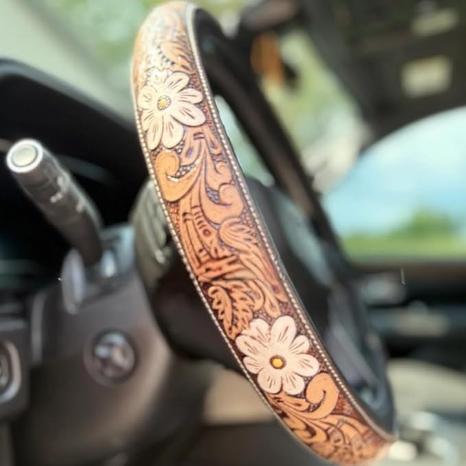 Western Steering Wheel Cover,Retro Western Cowboy Car Universal Steering Wheel Cover,Embossed Hand-Painted Leather Western Car Accessories, for Women Man, Anti-Slip Design Easy to Install (B)