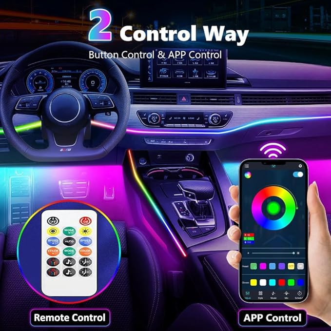 Interior Car LED Strip Lights,Acrylic LED Lights for Car with Dynamic Dreamcolor Chasing,116in 4 in 1 RGB Neon Strip Fiber Optic LED Ambient Lighting Kits with Remote APP,for Inside car Decorations