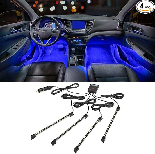 LEDGlow 4pc Blue LED Interior Footwell Underdash Neon Lighting Kit for Cars & Trucks - 7 Unique Patterns - Music Mode - 8 Brightness Levels - Auto Illumination - Includes Cigarette Power Adapter