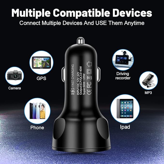 66W Multi Port Car Charger Adapter with Voltage Monitor, 4 USB QC3.0 Super Fast Charge Cigarette Lighter USB Charger, Compatible with iPhone/Android/Samsung/iPad Pro/and More (Black)