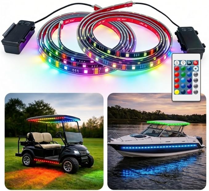 Battery Powered Golf Cart Canopy Lights, 2 Pack 8FT IP68 Fully Waterproof Golf Cart Roof Light Strip with Remote, Golf Carts Underglow RGB Led Strip Lights for EZGO Yamaha Marine Boat Kayak SUP UTV