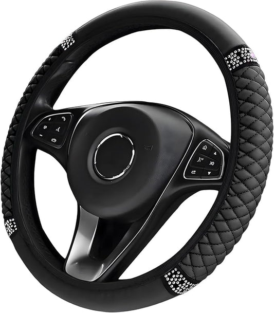 Bling Soft Leather Steering Wheel Cover, 14.5-15 Inch Sparkly Rhinestones Non-Slip Car Steering Wheel Protector, Elastic Auto Steering Wheel Cover Interior for Women Girls (Black)