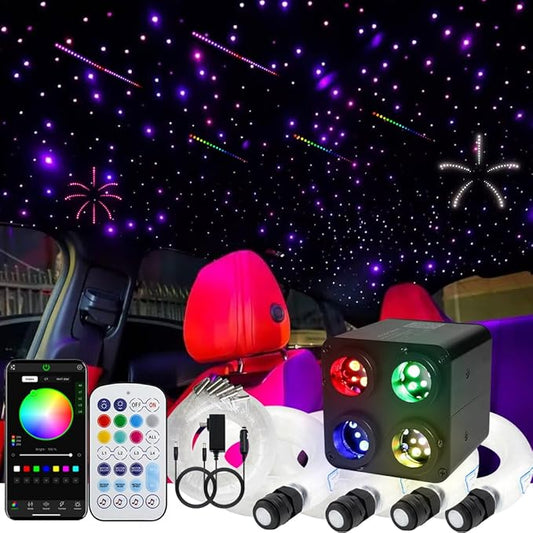 AZIMOM 4Colors 2 in 1 Meteor Twinkle Fiber Optic Starlight Headliner Kits 2000pcs 0.03in 13.1ft Fiber Strands,RGB Meteor Shooting Star 240pcs, Sound Remote APP Control Home Ceiling Car Headliner Decor