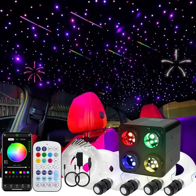 AZIMOM 4Colors 2 in 1 Meteor Twinkle Fiber Optic Starlight Headliner Kits 1200pcs 0.03in 13.1ft Fiber Strands,RGB Meteor Shooting Star 240pcs, Sound Remote APP Control Home Ceiling Car Headliner Decor