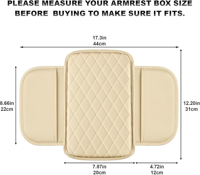Upgraded Car Center Console Cover Fit for Tacoma Faux Leather Car Armrest Cover Cushion with 2 Storage Bags,Car Armrest Storage Box Interior Accessories(Beige&Whiteline)