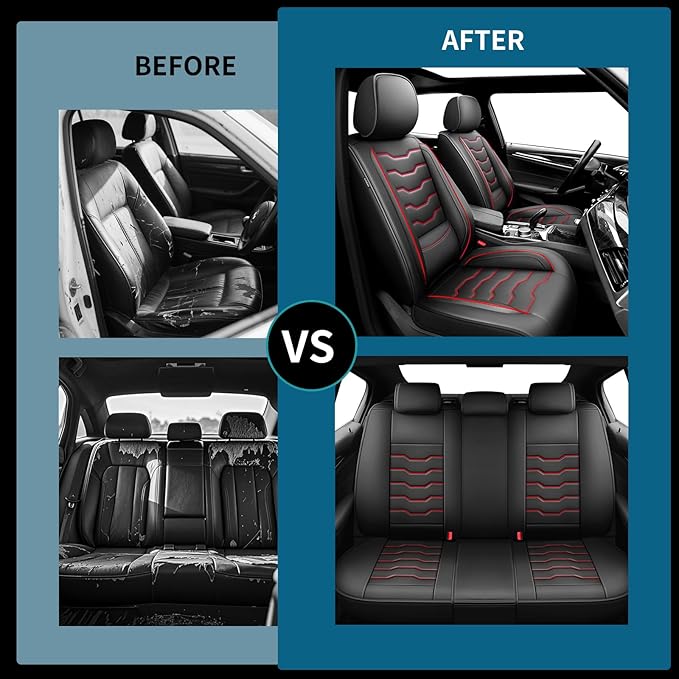 Fit Frontier Car Seat Covers Compatible with Nissan Frontier 2010-2025 2026 -Full Set Premium Leather， Waterproof Breathable， All-Weather Seat Cushion Protecto&Airbag Compatible（Red Line Black
