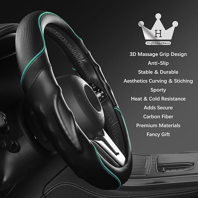 3D Car Steering Wheel Cover Comfort Grip Massage Sporty Anti-Slip Carbon Fiber Faux Leather for F150, Trucks, Jeep, Van, Car Handle Covers for All Seasons, 15.2-16in, Green