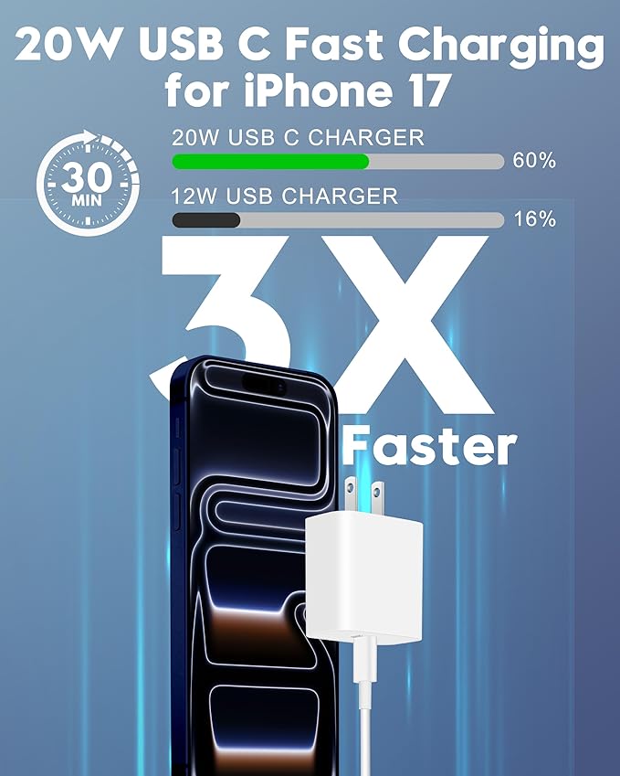 iPhone 17e/17/17 Pro Max Fast Charger, 2-Pack 20W USB C Wall Charger Fast Charging Block with 10FT Long USB-C Cable Cord for iPhone 17e/17/17 Pro Max/16e/16/15 Pro/Plus, iPad Pro 13/12.9/11, AirPods