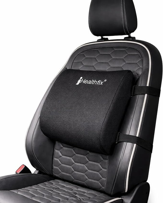 Healthfix® Car Lumbar Support Pillow – Orthopedic Memory Foam Back Cushion for Car Seats, Ergonomic Lower Back Support, Breathable Cover, Adjustable Strap – Medium (130–200 lbs)