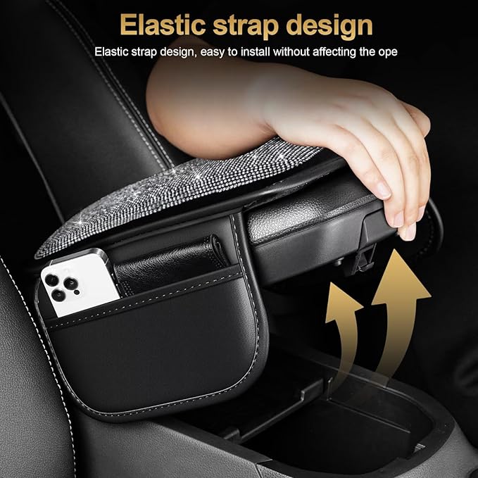 Bling Center Console Cover Fit for Toyota RAV4 with 2 Storage Bags Fully Diamond-Studded Style Center Console Armrest Cover with Total Protection(Silver Diamond)