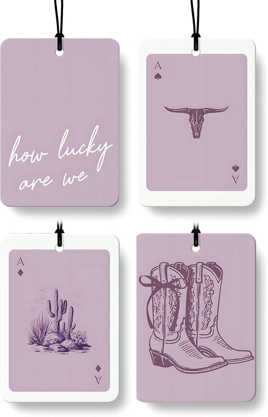Boho Purple Western Car Air Freshener 4 Pcs, Preppy Cowgirl Cow Skull Cactus Ace Card Hanging Air Freshener for Cars Closet Drawer Books, Cute Western Car Accessories Mirror Decor for Women